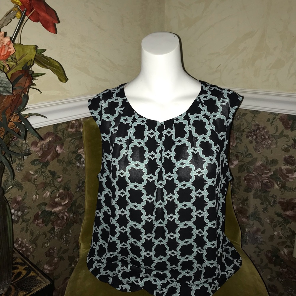 Nine West, black and light turquoise print blouse,  XL